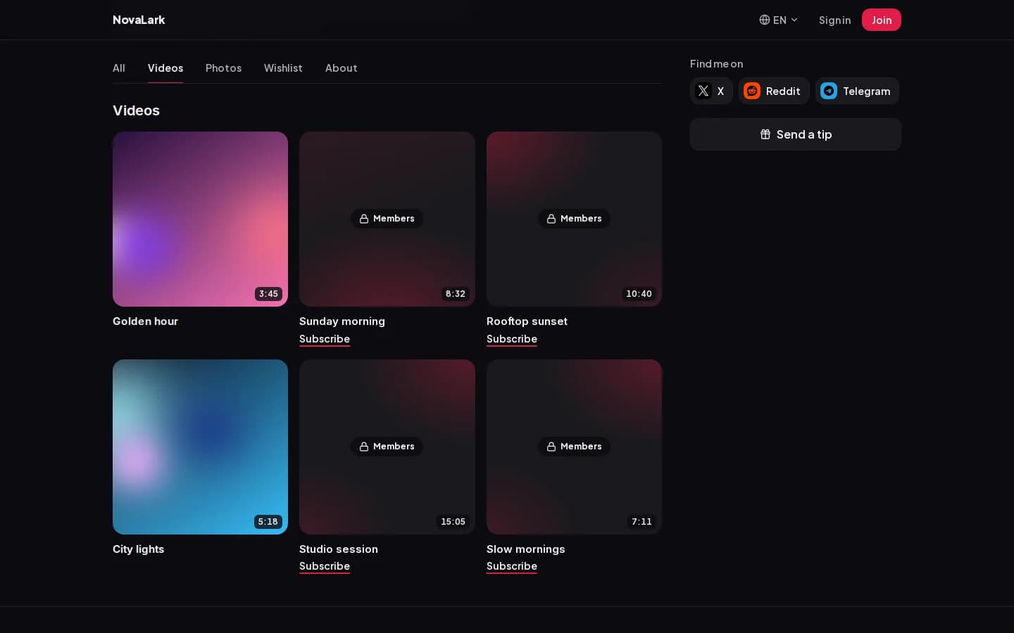 A creator’s videos page: members-only content shows as locked